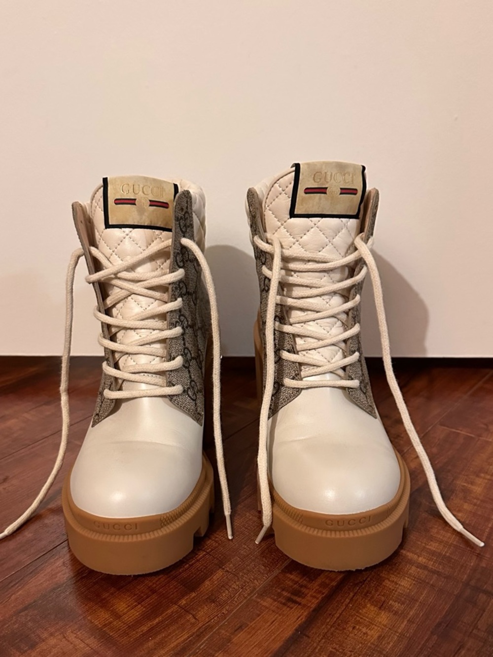 Gucci White Leather & Brown GG Canvas Quilted Lace-Up Heeled Boot - Picture 4 of 7